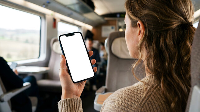 Hand holding mobile phone with blank white screen mockup inside train cabin, commuter woman traveling on railway carriage using smartphone application, passenger trip
