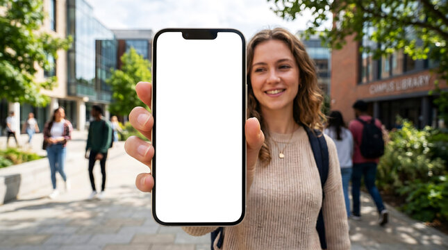 Hand holding mobile phone with blank white screen mockup presented by happy young female student standing on sunny outdoor university college campus for education app copy space
