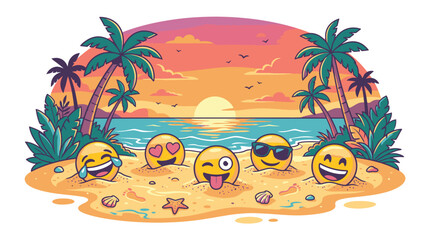 Obraz premium Smiling emojis on sandy beach vacation 2.