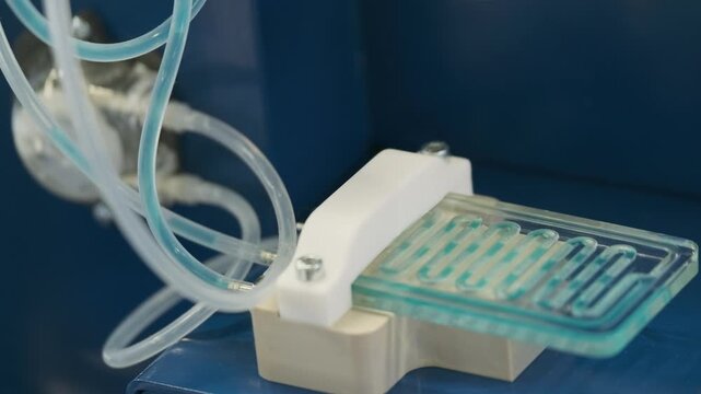 Microfluidic device with clear tubing and connector mounted on lab pump, close up of medical fluidics setup.