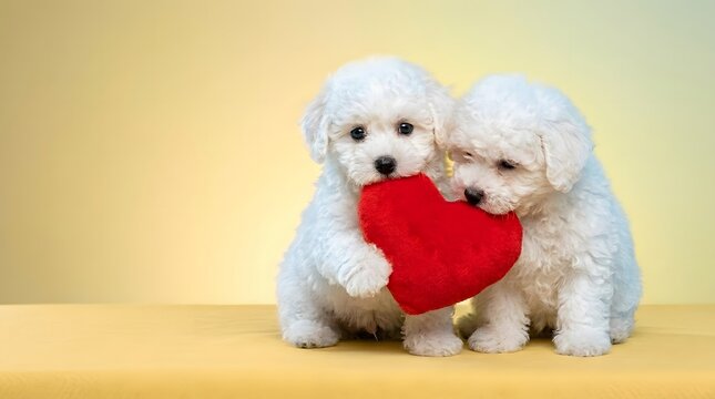 Two bichon frise puppies with a red heart studio portrait conveying love and companionship perfect for valentine's day themes