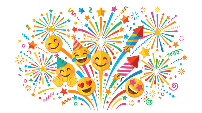 Smiling Emojis Celebrating with Fireworks.