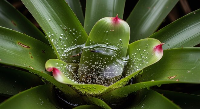 Vibrant green bromeliad plant with dew drops in a lush jungle setting