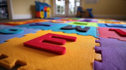 Fototapeta premium Closeup medium view of a kindergarten play area featuring bright foam letters on mats designed to foster early literacy and motor coordination.
