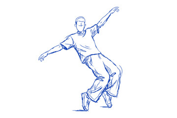 Obraz premium Street Dancer Action Sketch. Blue Line Art Male Figure Balancing
