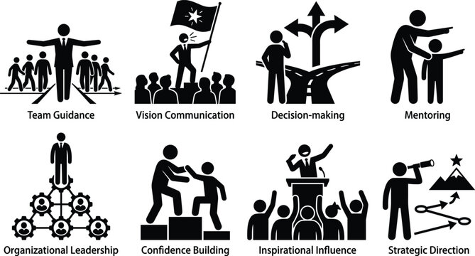 Leadership and Team Management Silhouette Collection Featuring Mentoring Decision Making and Strategic Business Growth