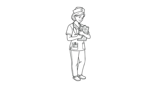 Dedicated nurse character, black and white line art vector illustration. Healthcare professional in uniform, medical worker holding clipboard, essential for health and wellness designs.