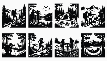 Obraz premium Outdoor Adventure and Nature Exploration Silhouette Collection Featuring Hiking Camping Wildlife and Scenic Landscapes