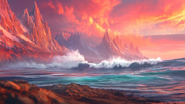 Ocean waves crash against jagged mountains under a vibrant, fiery sunset sky