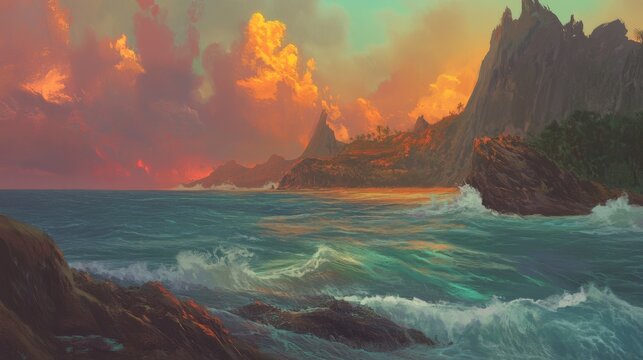 Ocean waves crash against rocky cliffs under a vibrant sunset sky with colorful clouds