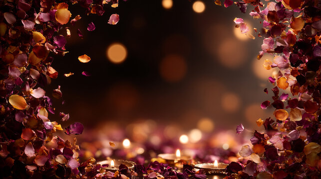 Traditional diya oil lamps glowing with falling rose petals for Diwali