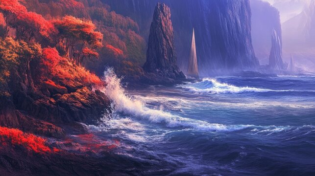 Ocean waves crash against rugged cliffs and a vibrant, fiery coastline under a misty sky