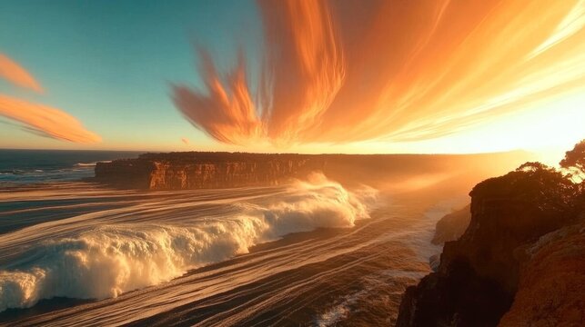 Ocean waves crash against rugged cliffs at sunset with vibrant orange clouds streaking across the sky
