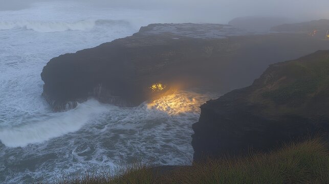 Ocean waves crash against rugged cliffs illuminated by a distant warm light at dusk