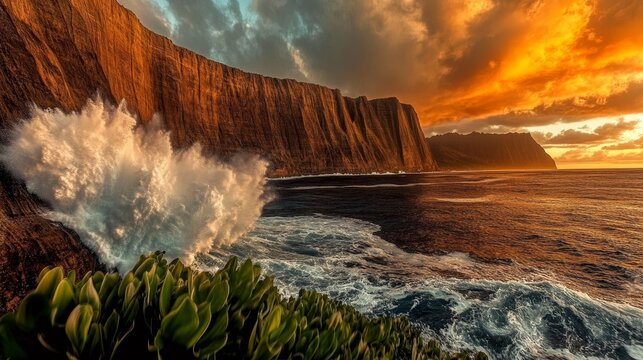 Ocean waves crash against rugged cliffs during a vibrant sunset with fiery clouds overhead