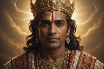 Obraz premium Yudhishthira portrait from the Mahabharata wearing traditional golden crown and royal ancient Indian jewelry