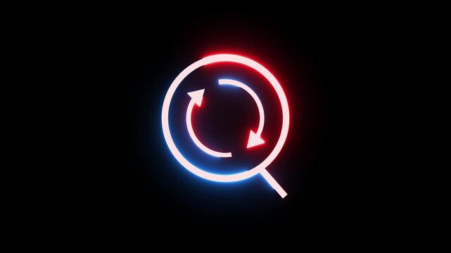Neon glowing search refresh icon animation on black background with light loop.
