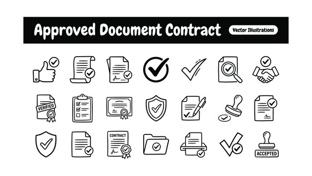 Approved document contract vector illustrations with check marks and symbols