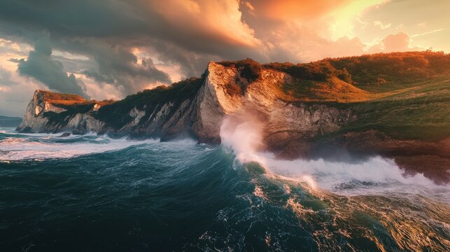 Ocean waves crash against rugged coastal cliffs under a stormy, colorful sunset sky