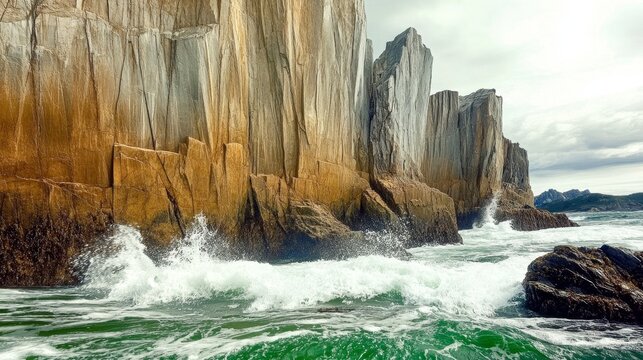 Ocean waves crash against towering, textured cliffs under a cloudy sky