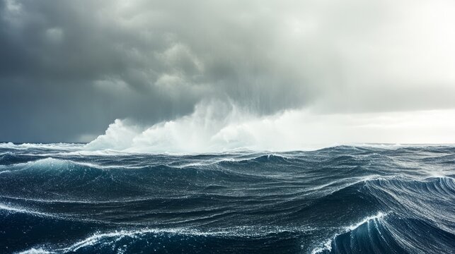 Ocean waves crash under a stormy, overcast sky with distant ice formations visible