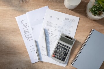 Obraz premium Small business bookkeeping flat lay with invoices calculator and notebook on wooden desk