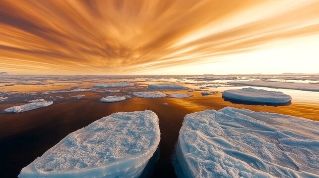 Orange sky over a frozen arctic sea with floating ice floes and icebergs