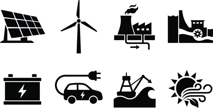 Black and white silhouettes of renewable energy sources and power generation methods isolated on a white background