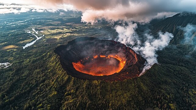 Panoramic aerial view of a giant volcanic mountain with a glowing lava crater and smoke plumes