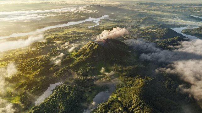 Panoramic aerial view of a plant product use volcanic mountain surrounded by lush green forests and winding rivers at sunrise