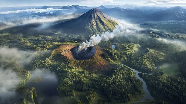 Panoramic aerial view of a plant product use volcanic mountain range with lush green forests and a winding river below