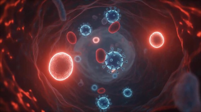 Microscopic View of Luminous Virus Structures Floating in Living Cell Environment, Medical Research Animation in Full HD 1080p