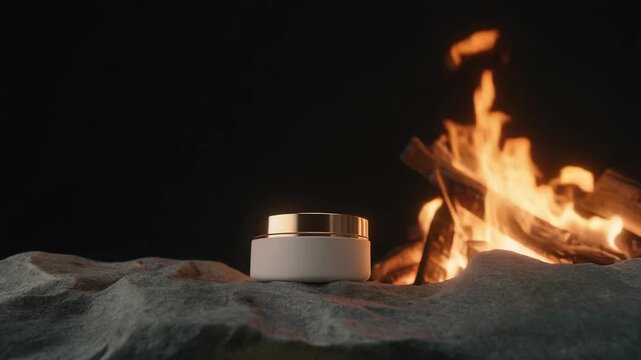 Luxury Cosmetic Cream Jar on Rock Near Warm Campfire at Night, Cinematic Product Presentation in 1080p Full HD