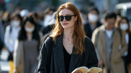 Obraz premium Crowded Osaka crosswalk where a tall red-haired tourist holds a phrasebook upside down while locals politely hide smiles behind masks, urban humor at its gentlest, perfect for