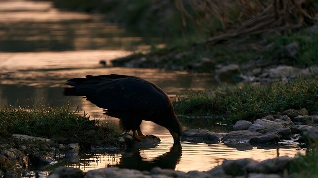 An elusive eagle drinks peacefully from a flowing stream in the beautiful early morning light