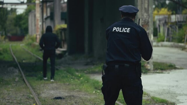 Police officer with gun chasing suspected drug dealer through industrial area