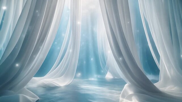 Elegant White Curtains Moving Gracefully in Underwater Dreamy Atmospheric Space, Ethereal Motion Background Full HD