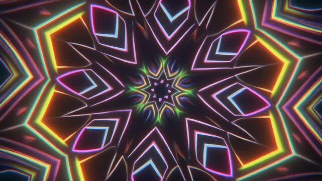 Hypnotic Kaleidoscope Patterns Continuously Transforming in Symmetrical Motion, Surreal Neon Visuals for Music Events, Seamless Loop 1080p