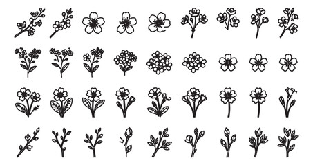 Fototapeta premium Hand drawn floral icons set, minimalist black line art flower illustrations, 36 botanical vector elements for wedding stationery and branding