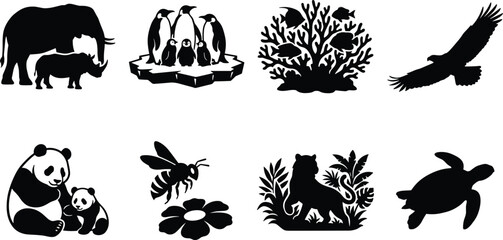 Collection of black and white wild animal and nature silhouettes isolated on a white background © Rubina