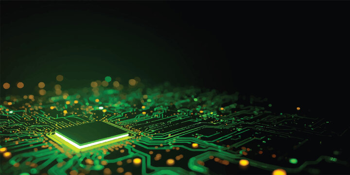 Green Electronic Circuit Board Background with Microchip Processor and Semiconductor Technology, Macro Detail for Computer Hardware and Digital Engineering Concept