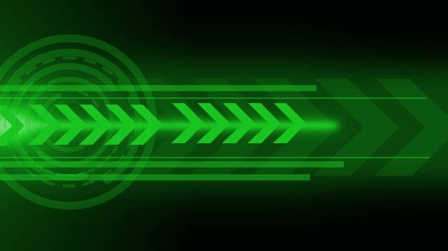 Abstract tech background with glowing arrows speed lines and circular interface design animation