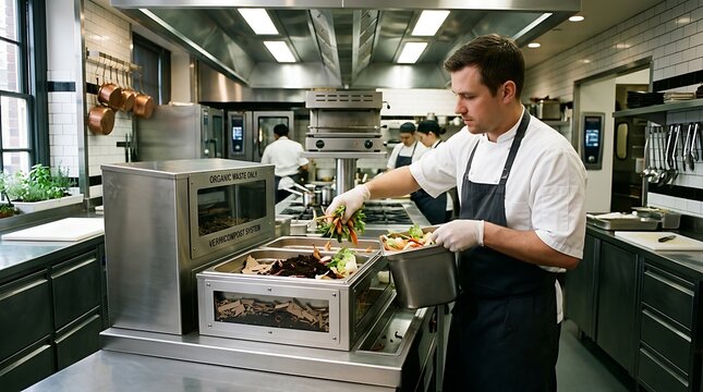 Chef putting food scraps into professional kitchen compost bin.