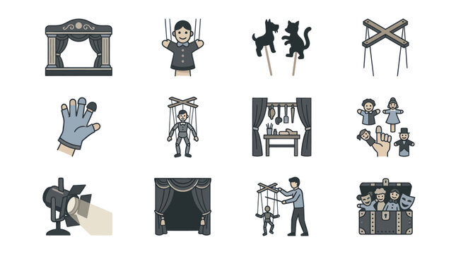 Black and white puppet show characters.