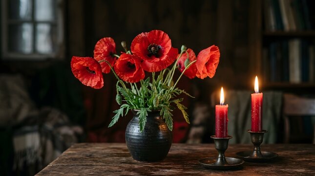 Remembrance day tribute with red poppies and candles