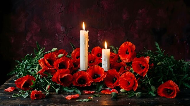Remembrance day still life poppies and candles for veterans day memorial