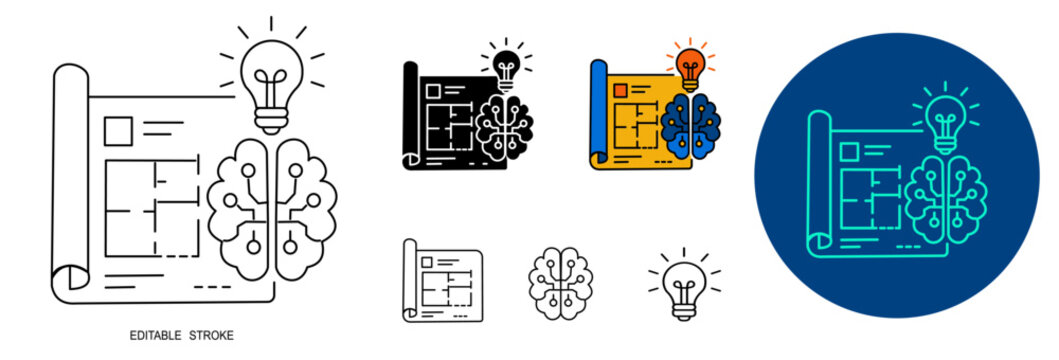 Prompt Engineering, AI Strategy Planning Blueprint with Artificial Intelligence Brain Editable Outline, Solid and Colored Variations Vector Set