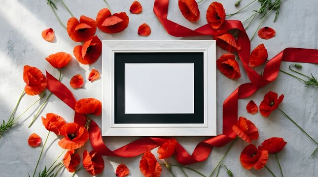 Remembrance day tribute with poppies and photo frame