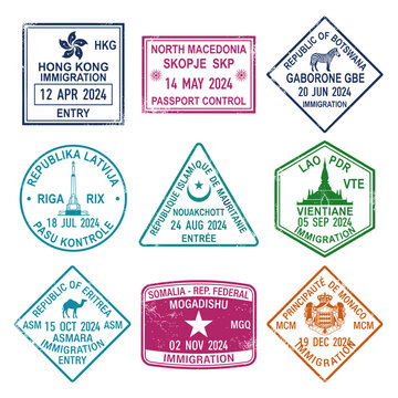 International travel passport stamp collection with Hong Kong North Macedonia Botswana Latvia Mauritania Lao Eritrea Somalia Monaco