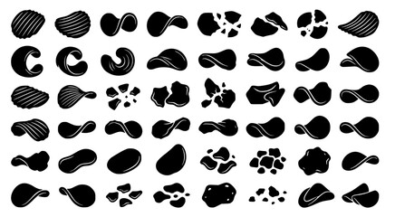 Fototapeta premium Set of potato chip shapes and snack food silhouettes isolated on white for food industry marketing